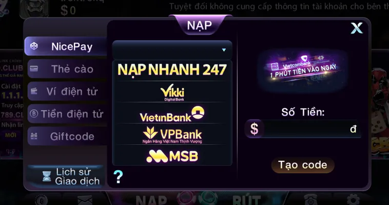 Hướng dẫn nạp tiền qua tài khoản ngân hàng tại 789club.