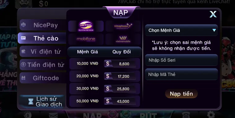 Nạp tiền bằng thẻ cào an toàn tiện lợi nhanh chóng.
